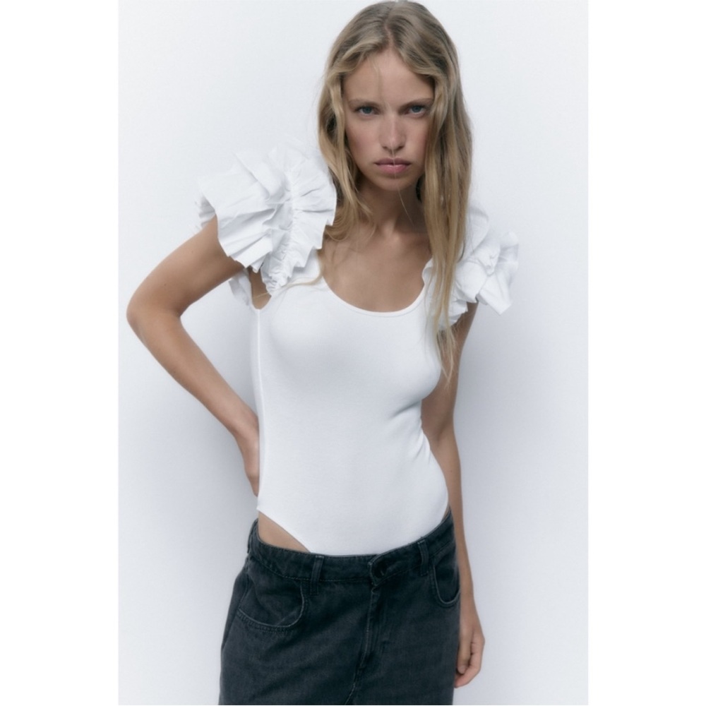Zara White Ruffled Sleeve Bodysuit